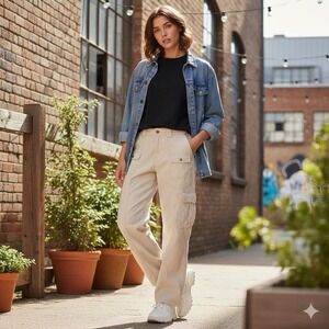 Hollister Low-Rise Baggy Cargo Pants 14/W32R Y2K 2000s Beige Utility Carpenter